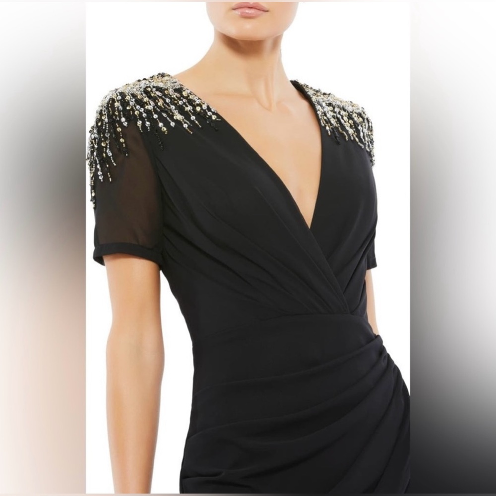 Mac Duggal Beaded Sleeve Faux Wrap Gown in Black